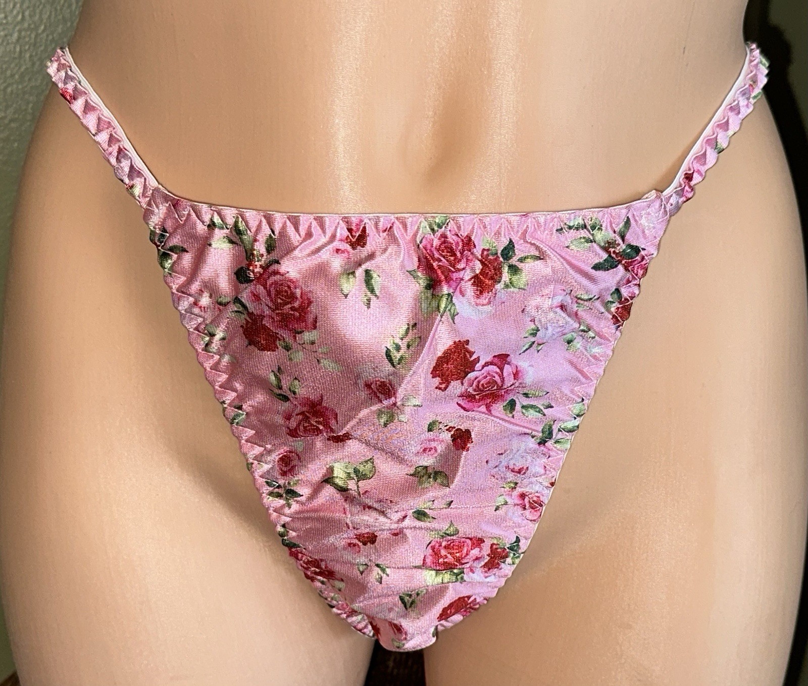 VTG 80’s 90’s Style Pink Floral Satin Hi-Cut String Bikini Panties XL NEW