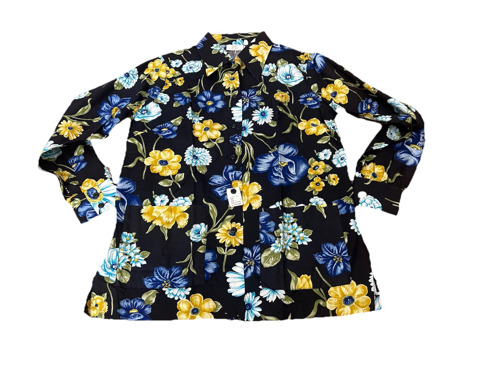 Vintage Deadstock Floral Blouse L Top Black Blue Yellow Pockets USA Sz L