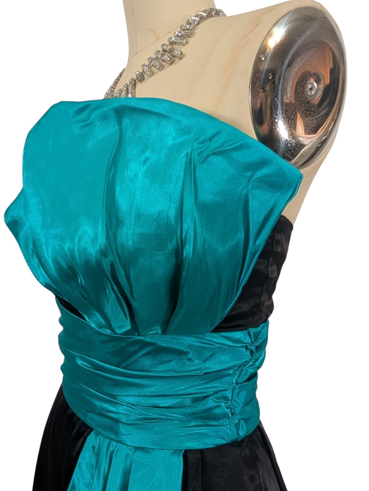 Vtg 80s Prom Dress XS Black Teal Strapless Avant Garde Maxi Glam Satin Hi Low