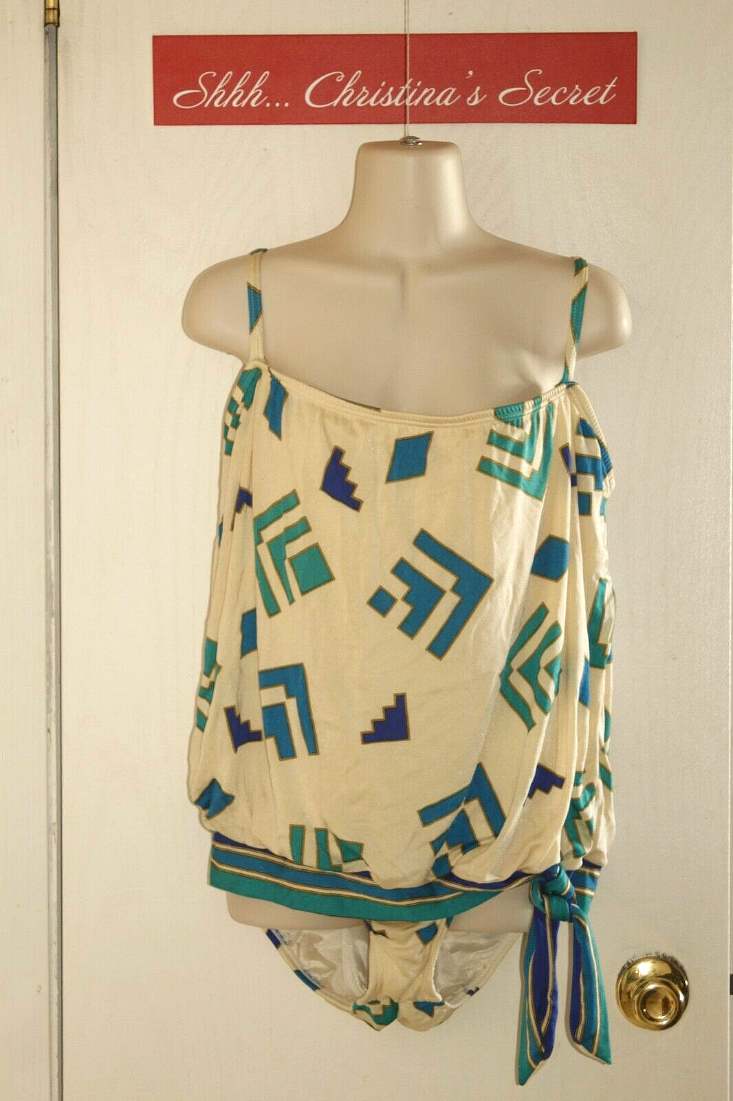 VINTAGE SEA QUEEN 70s 80s Tankini Top Bottom 2 Pc Swimsuit Ivory Blue Green 18
