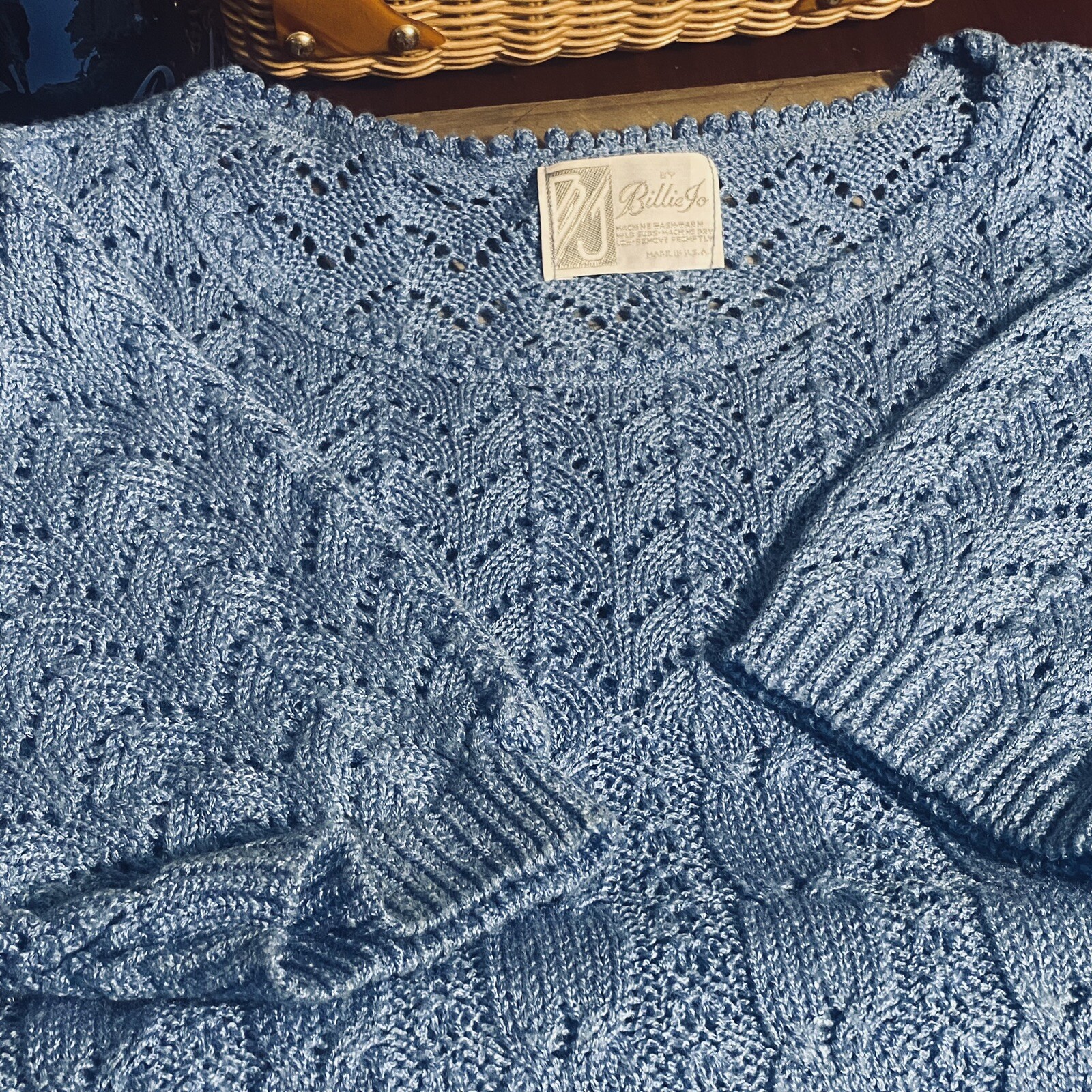 Rare Vintage BJ by Billie Jo 60s/70s crochet knit pretty Blue Sweater