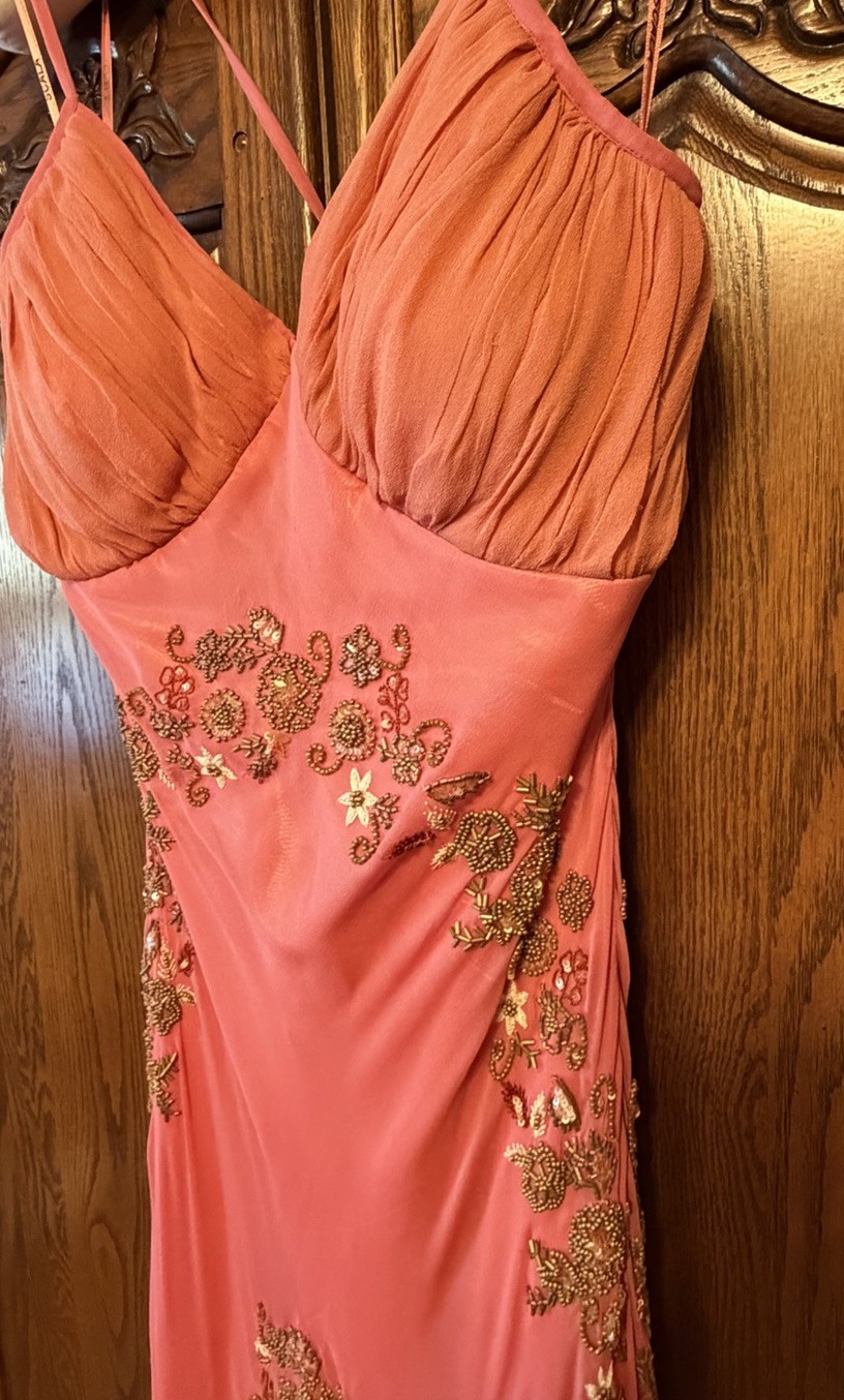 Vintage 90s Scala Coral Salmon Silk Beaded Mermaid Gown-M/L