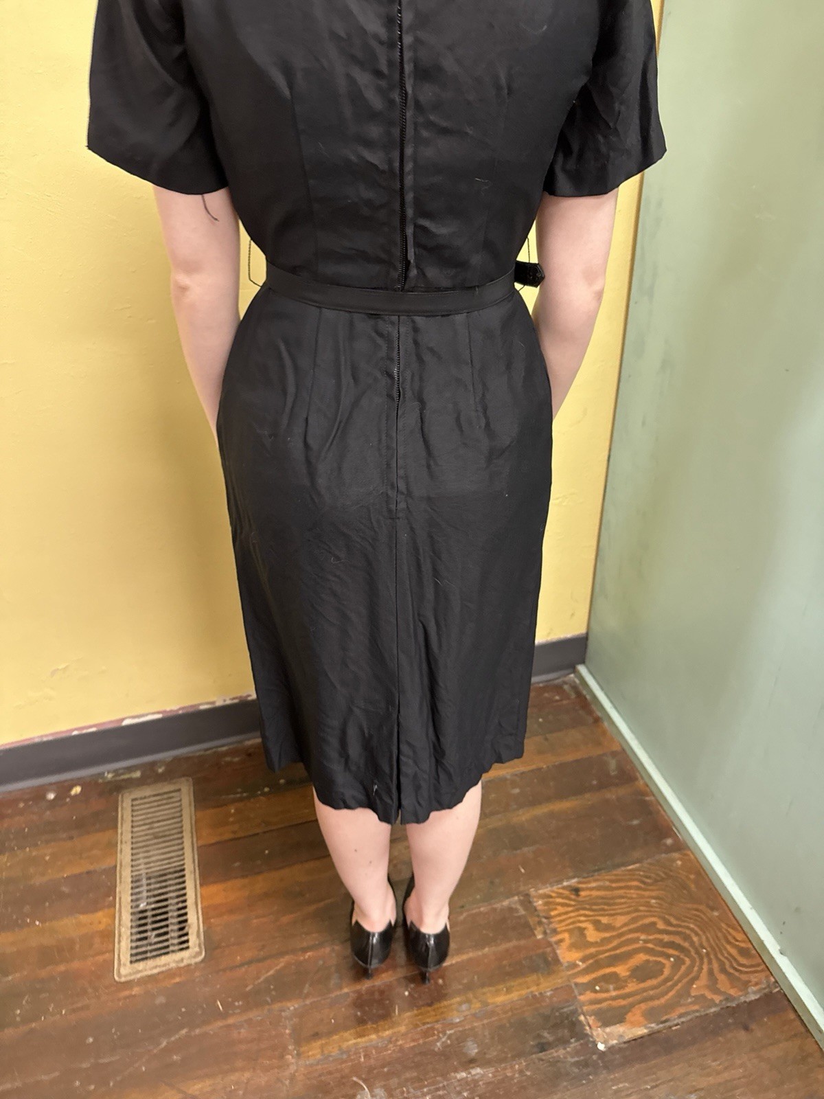 Vintage 50s Polished Cotton Little Black Dress Size S