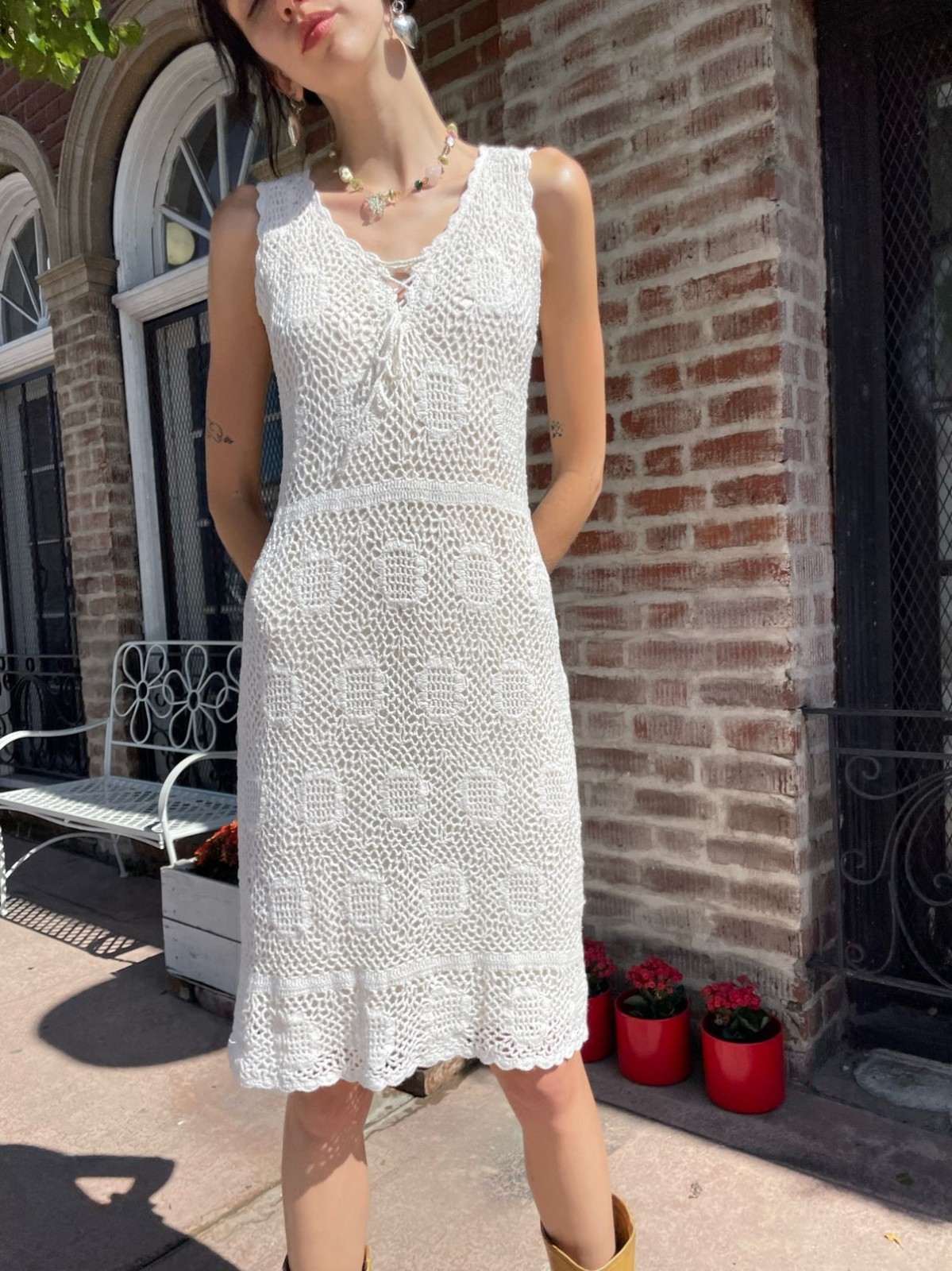 Vintage White Crochet Dress Large 90s Y2k Boho Chic Fairy Dainty Romantic Hippie