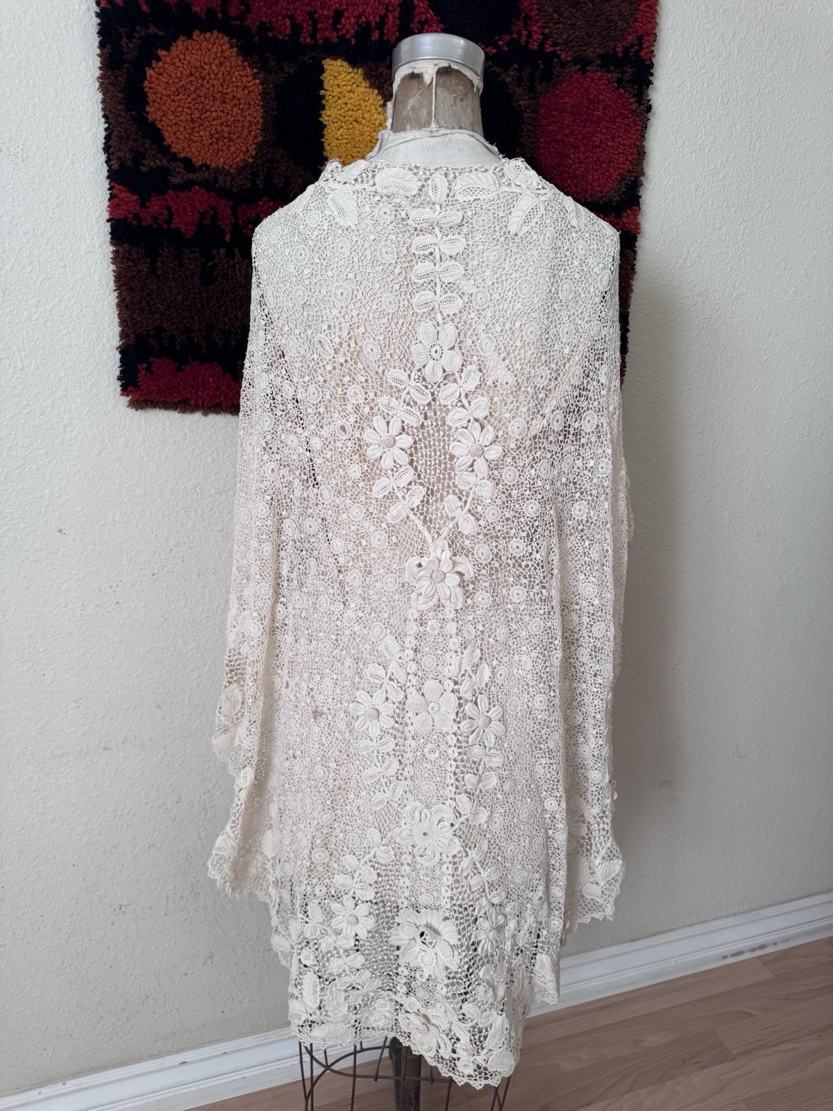 Antique Edwardian Handmade White Irish Crochet Lace Long Cape Open Jacket Coat