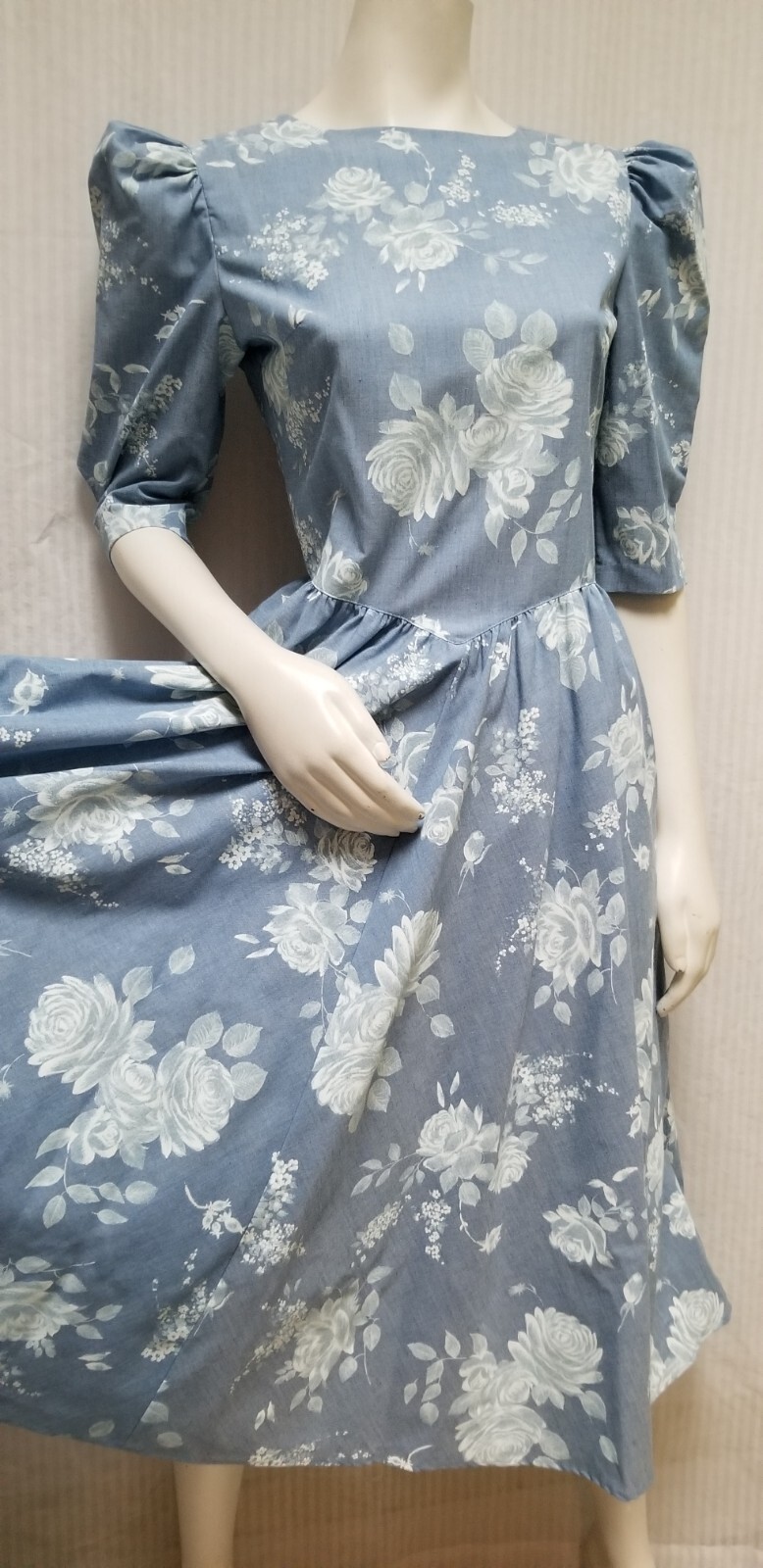 NWT Vintage 1980/90s SG GILBERT Blue White Floral LAURA ASHLEY-Esque Dress – S/M