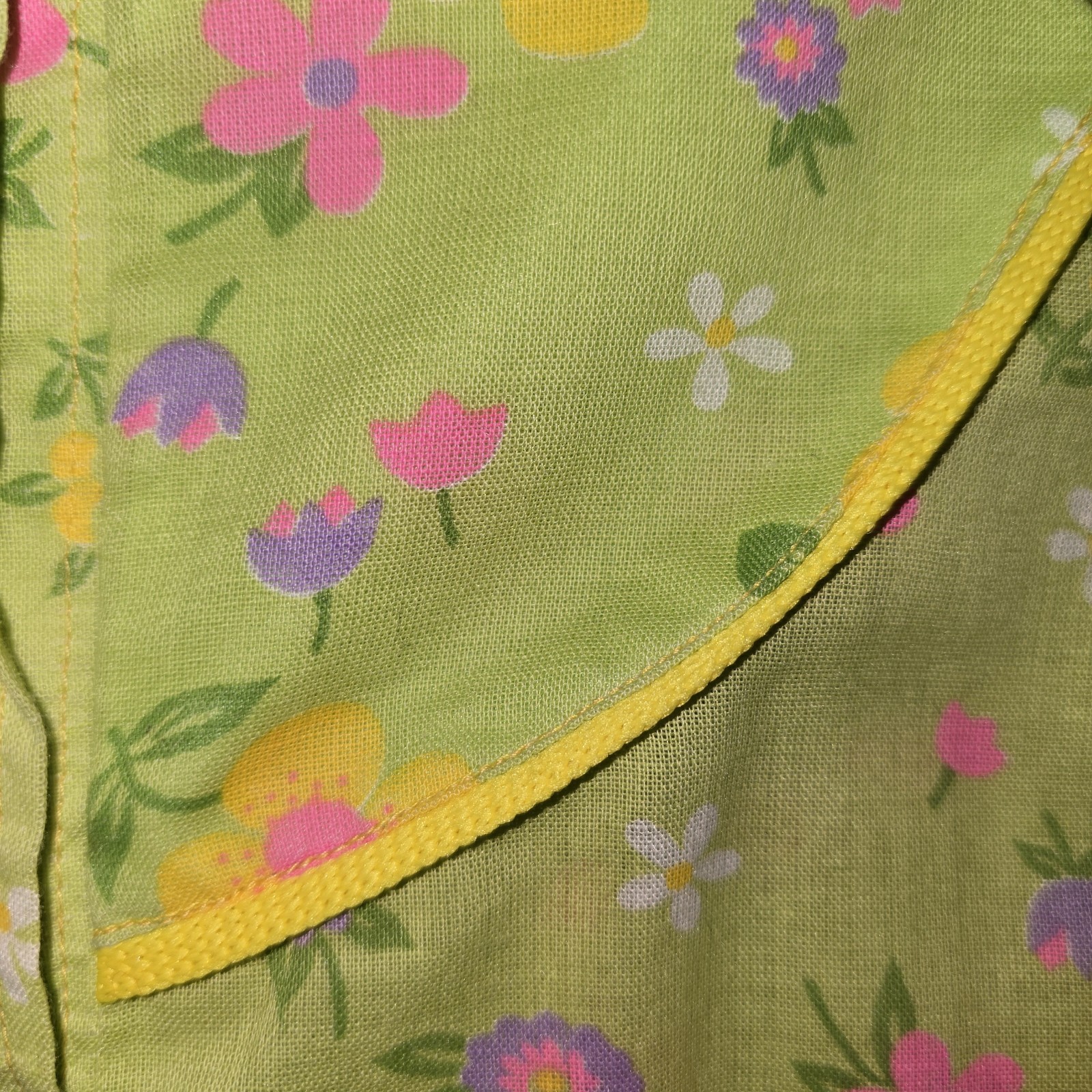 Vtg 1970s Flower Power Button Up Shirt Western Yoke Piping Green Pink Yellow