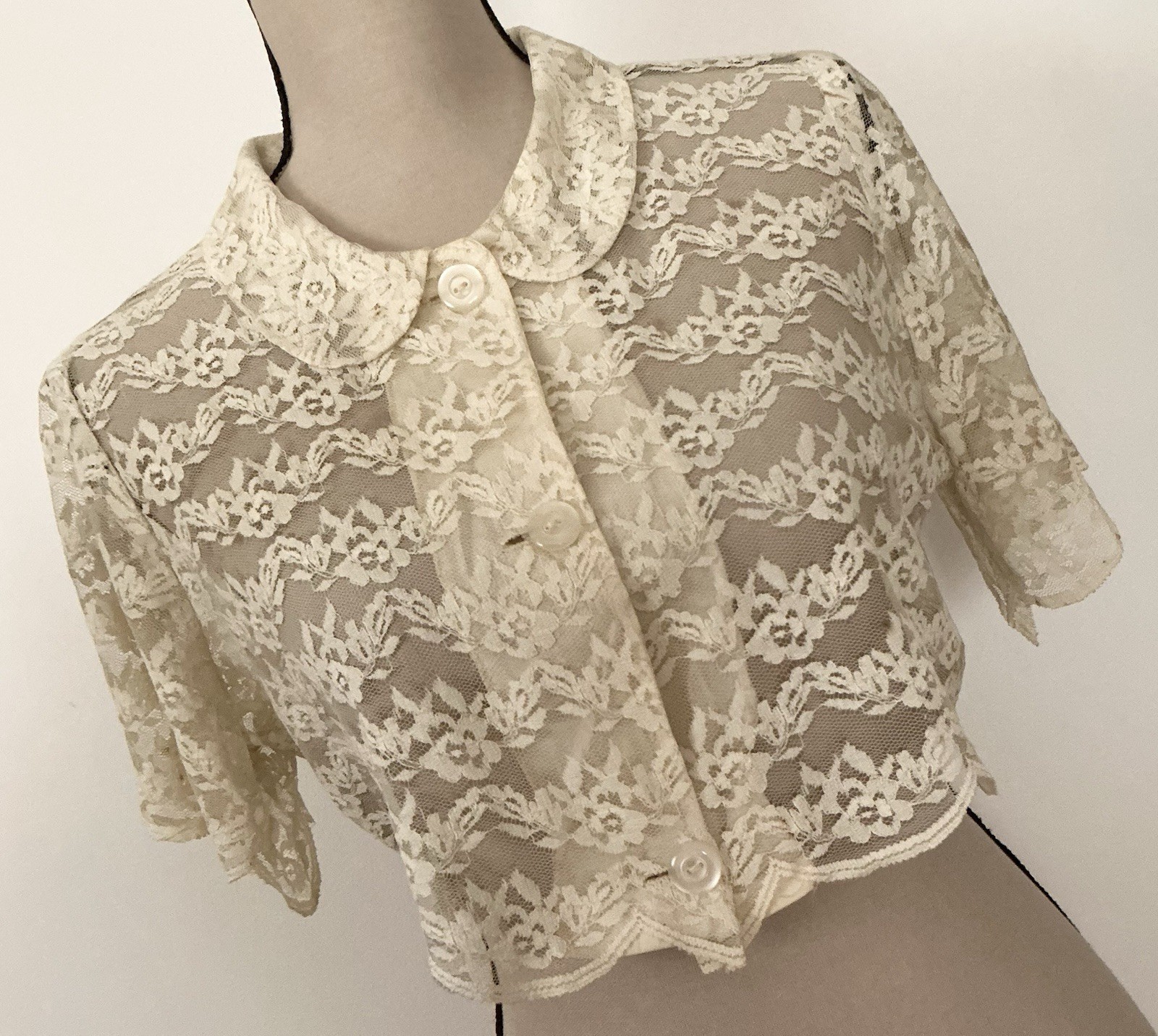 Antique Victorian Bed Jacket Floral Net Scalloped LACE~Medium~TLC~Restore~As Is.