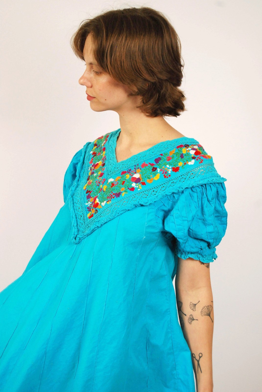 70s Mexican Embroidered Dress (L) large blue vintage shift floral boho sundress
