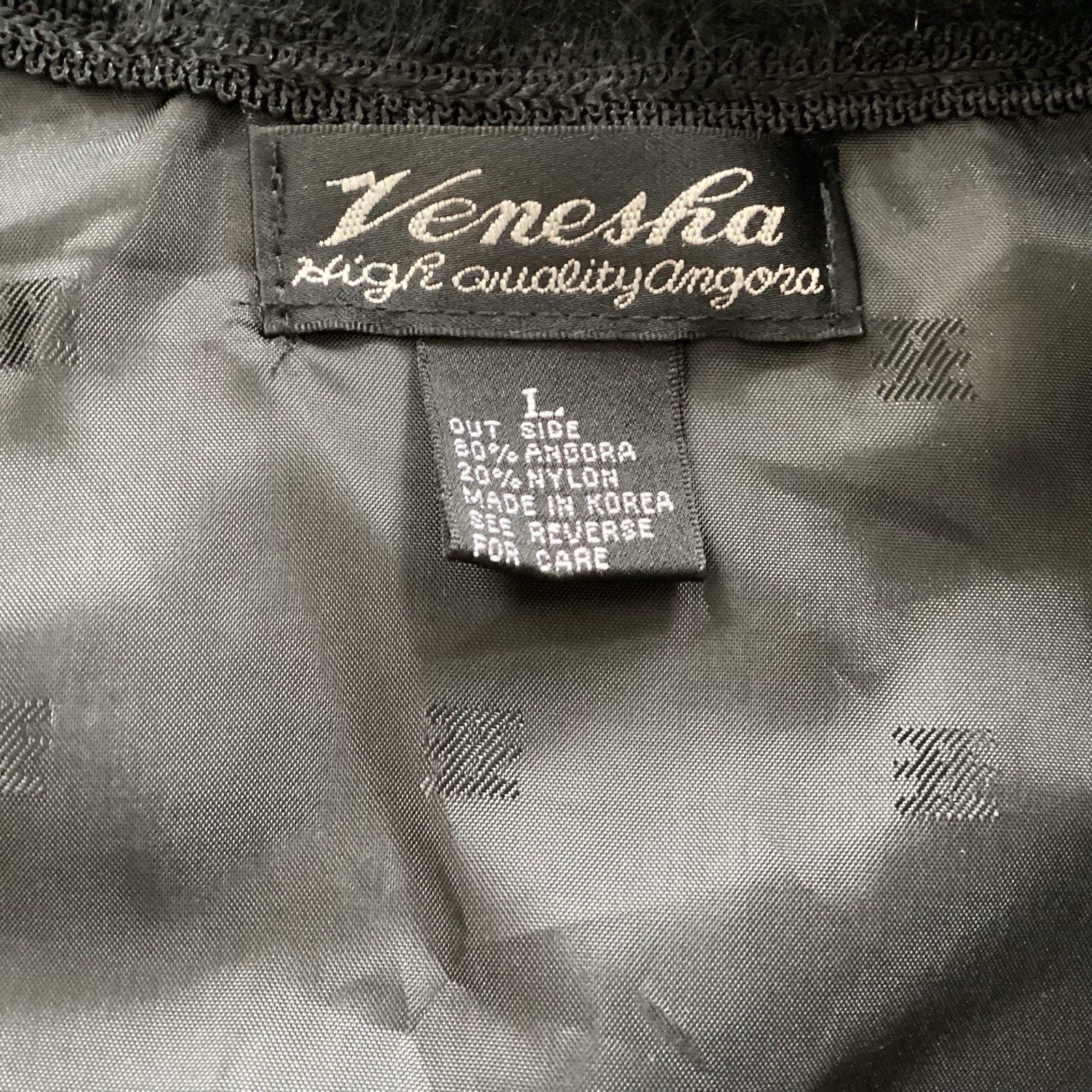 Vintage Venesha Jacket Angora Rabbit Hair Black Gray Button Up Cardigan Size L