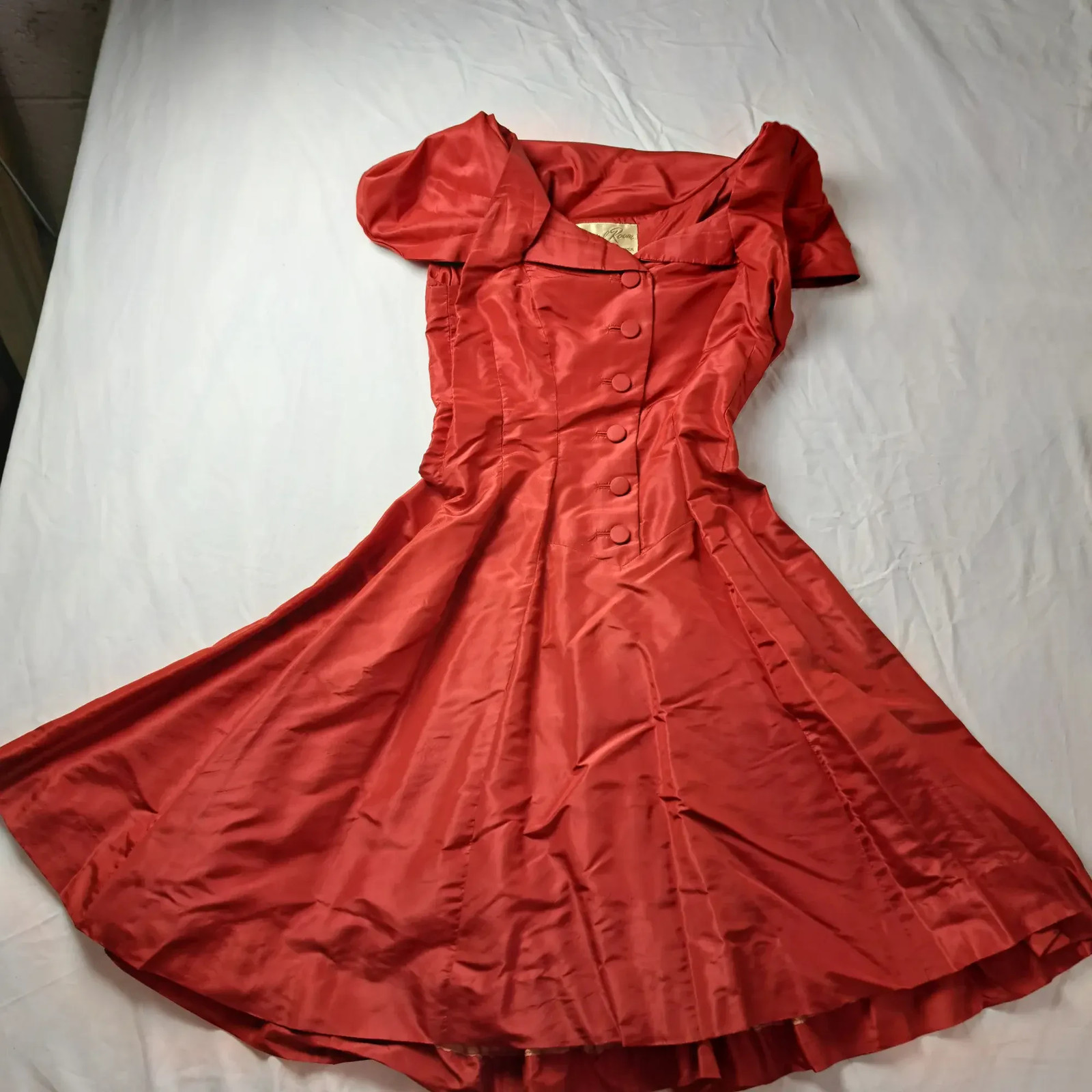 Crystal Room Vintage Red Satin Fit Flare Dress Full Skirt Double Breasted