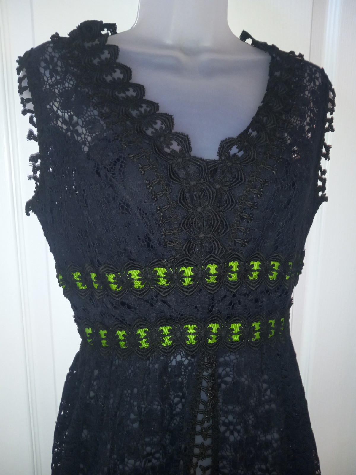Vintage Futura Couture Sheer Black Lace Green Ribbon Maxi Hostess Dress Tiki O M
