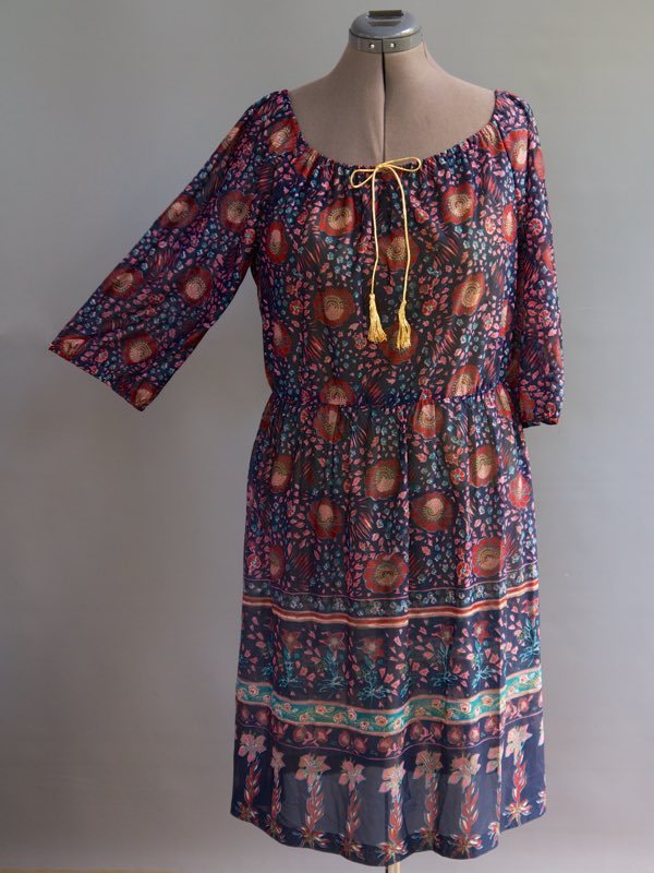 VTG 70s Tabby Hippie Festival Boho Peasant Dres Elastic Off Shoulder Collar L