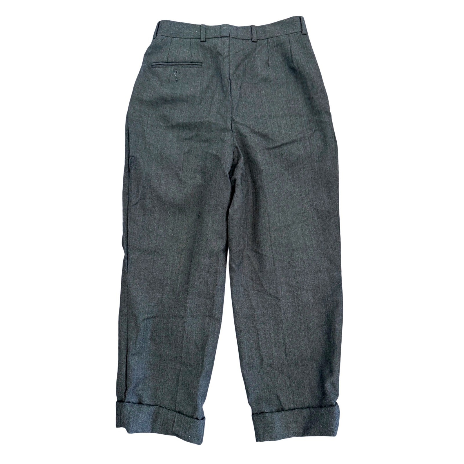 Vintage Wool Cuffed Pleated Trousers High Waisted Cropped Slouchy Dark Grey Sz S