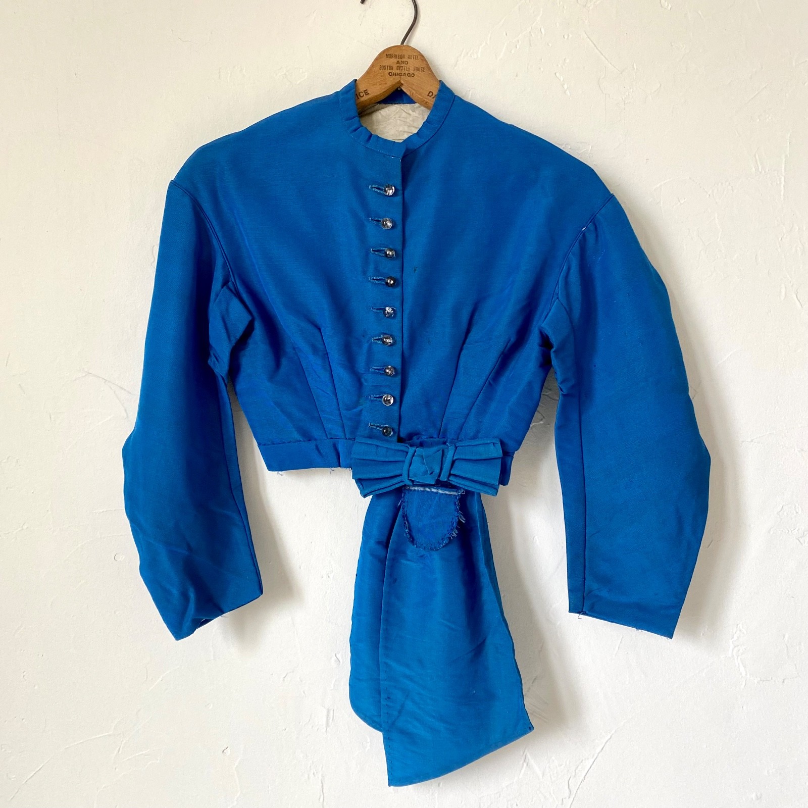 1860s Blue Bodice Civil War Era Glass Ball Buttons Antique Silk Faille