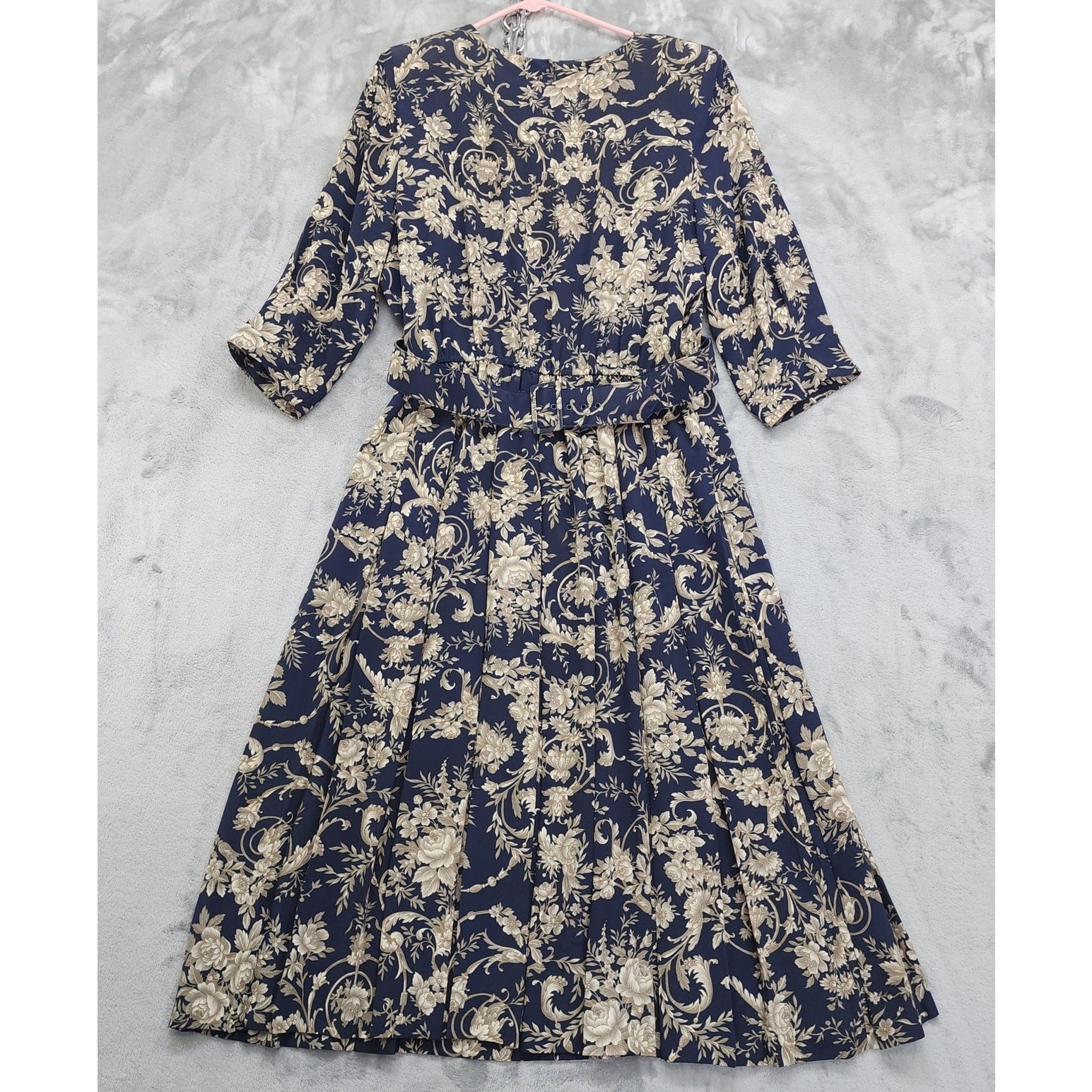 Vintage 80s Pellini by Von Bramlett Dress Size 14 Blue Tan Floral Belted Pleated