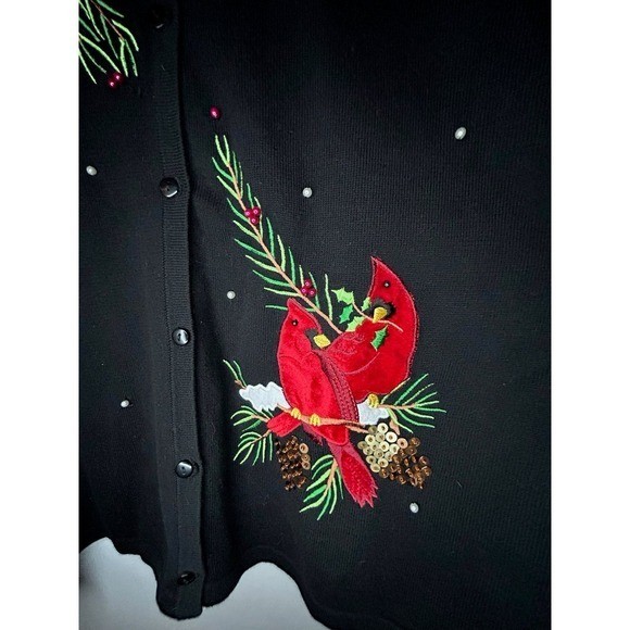 Vintage 90’s Classic Elements Cardinal Birds Embroidered Pearls Cardigan Sweater