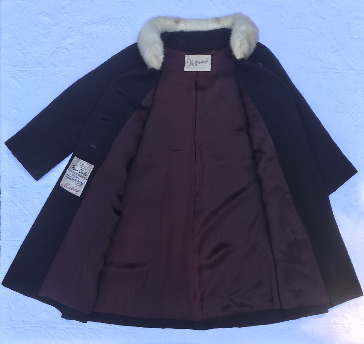 1950s John Wanamaker Brown Wool White Fox Fur Coat Swing Coat