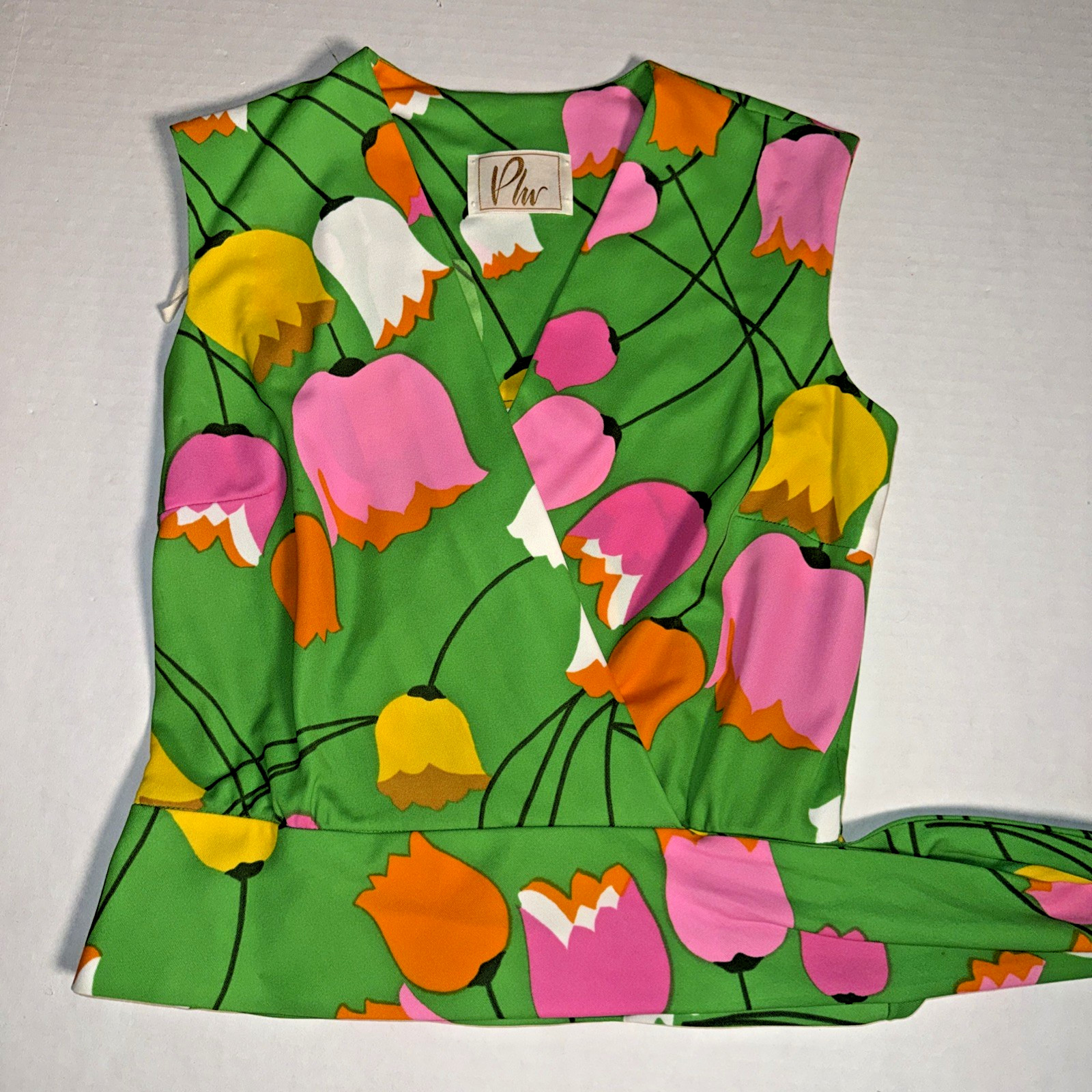 Vintage 60s Mod Tulip Floral Wrap Top Wide Leg Palazzo Pants Set S XS 2/4 W-26″