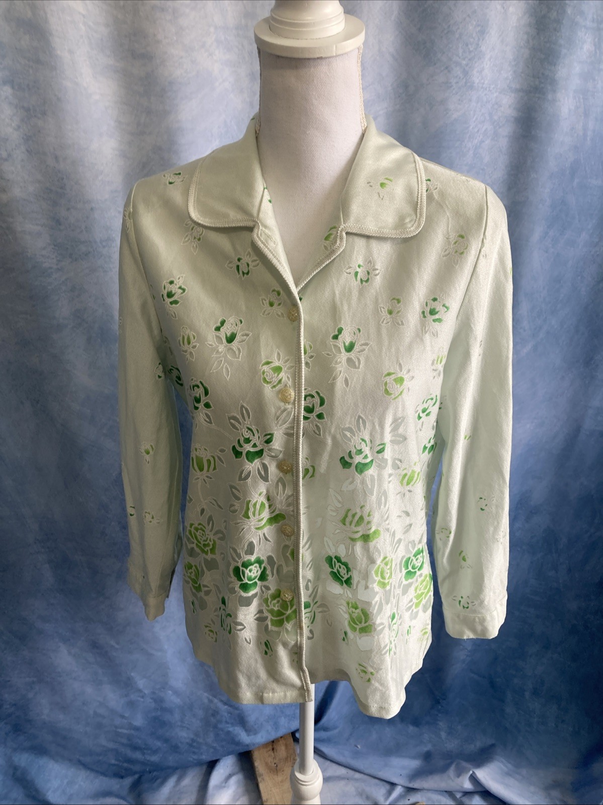 VTG Merdian South Korean 90s Blouse Floral Embroidered Shoulder Pads Mint Green