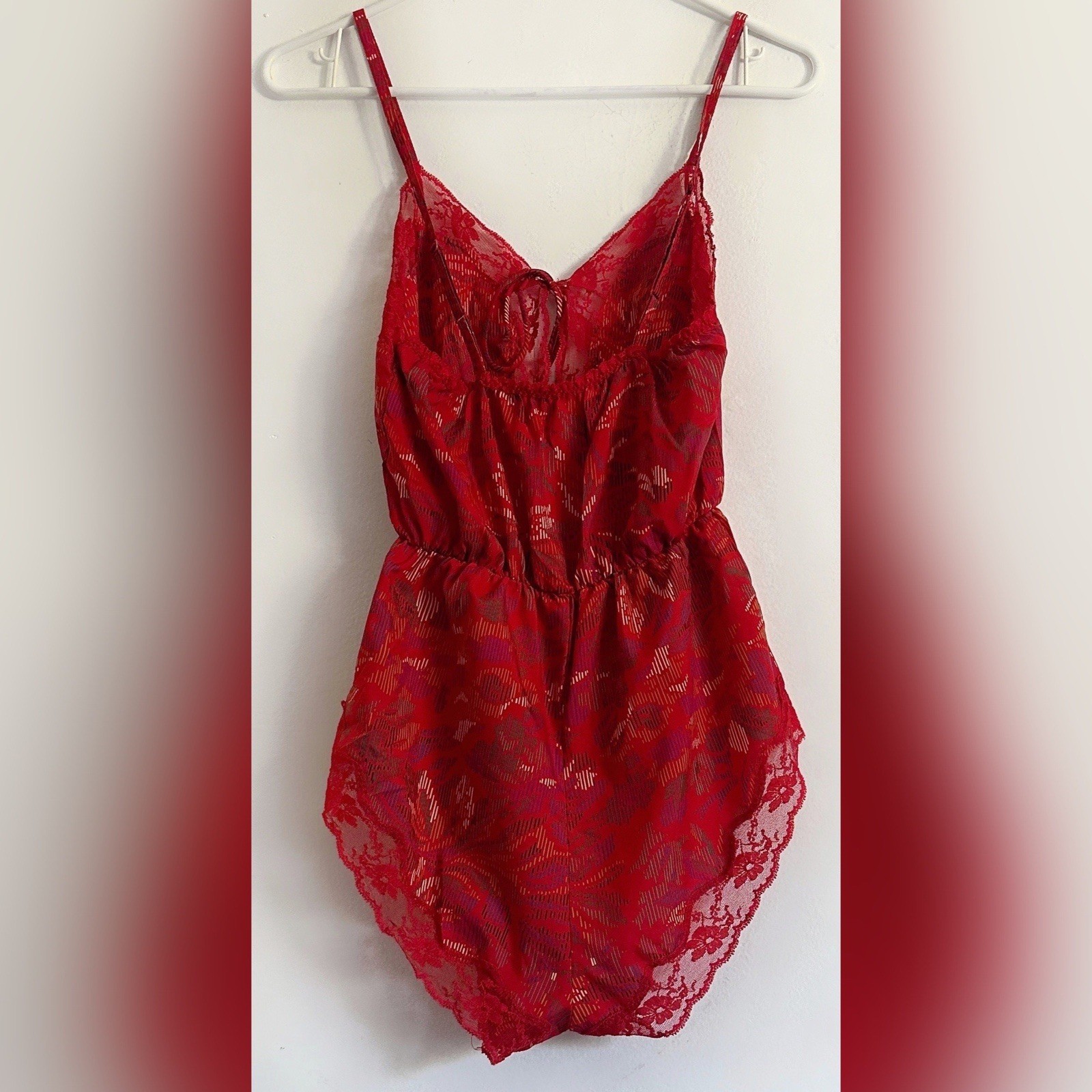 Blush Vintage Red Multicolor Print Lace Cutout Lace Trim Bodysuit Teddy Small