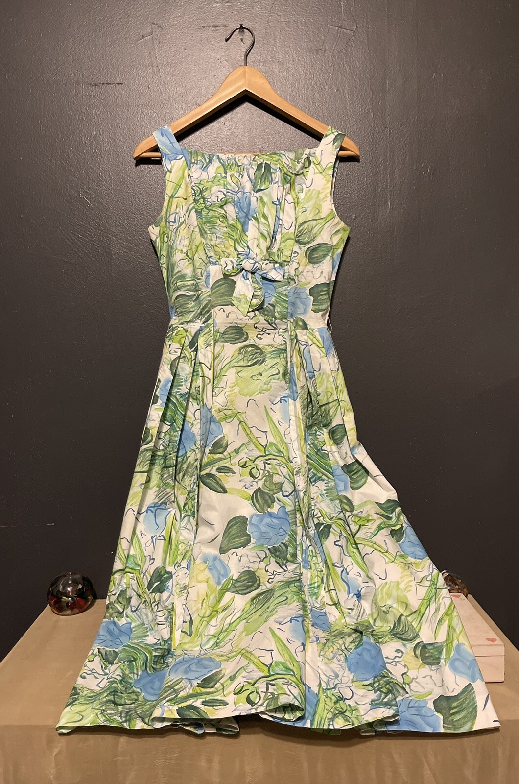 1950’s Vintage Water Color Floral Summer Dress Blues Greens