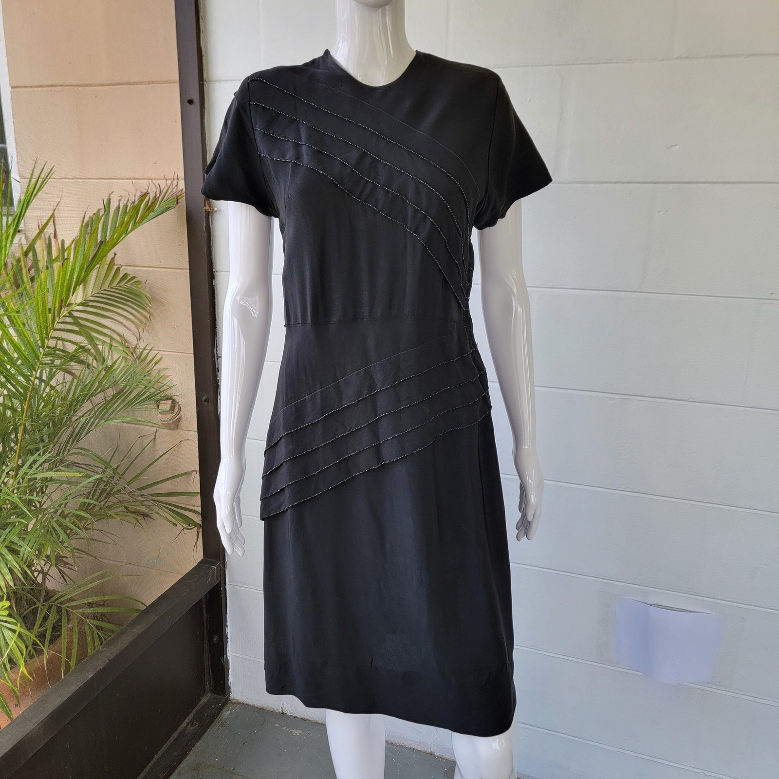 Vintage 40s Derwin Little Black Dress Women 6 Beaded Mid-Century Modern Cocktail