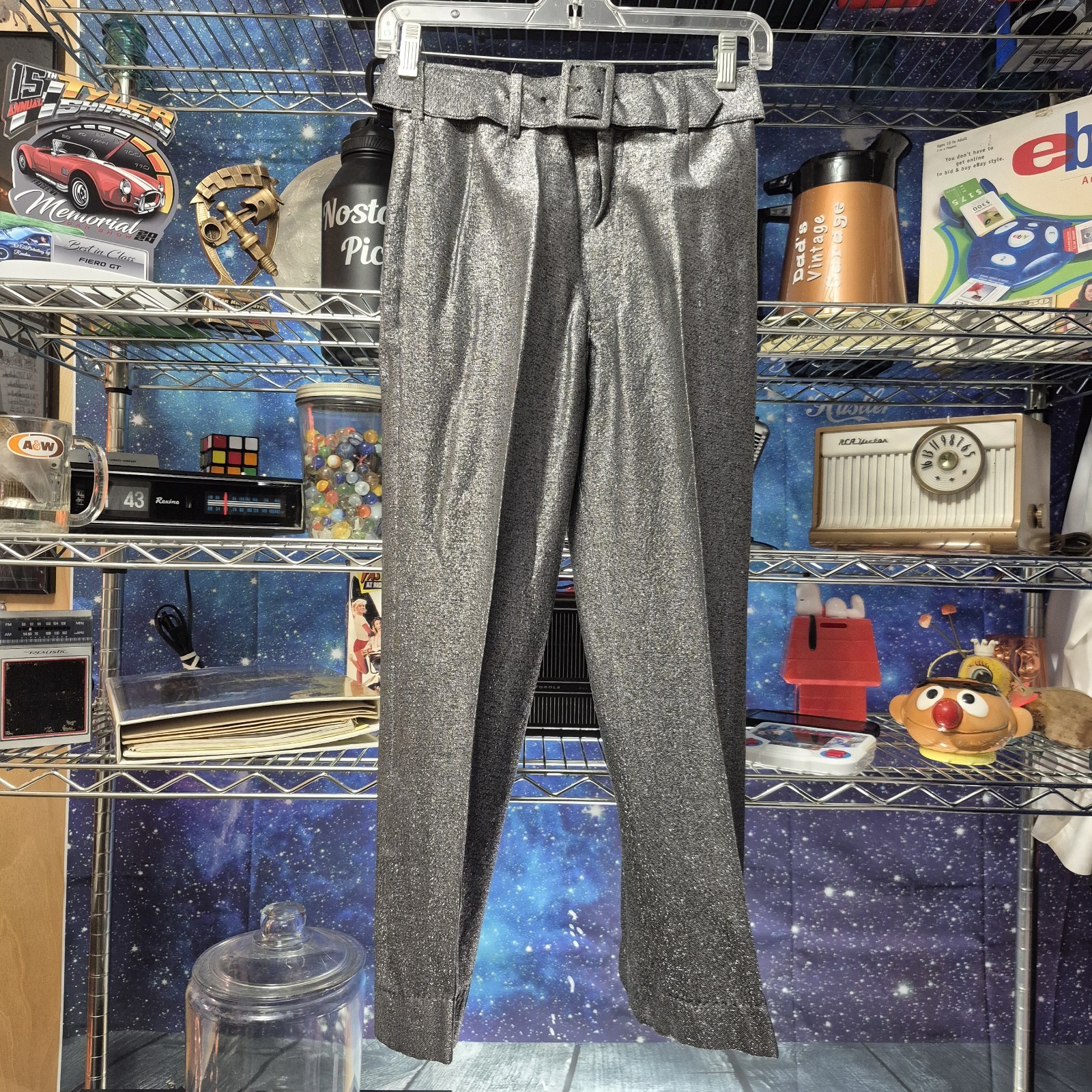 VTG Women’s Trousers Mister Pants Silver W/Belt Shimmery Metallic Knit Threads