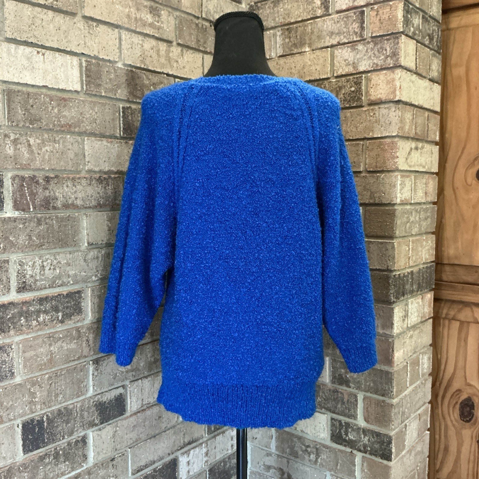 Vintage Beldoch Popper Womens Sz L Blue Boucle Knit Sweater Batwing Sleeve #26F3