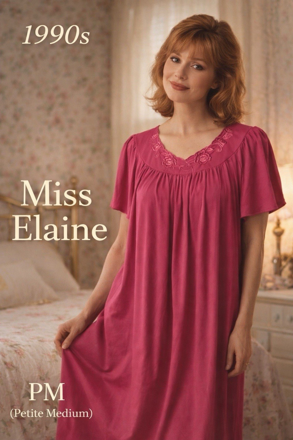 Miss Elaine PM Petites Raspberry Pink Nightgown Embroidered Yoke Short Sleeve