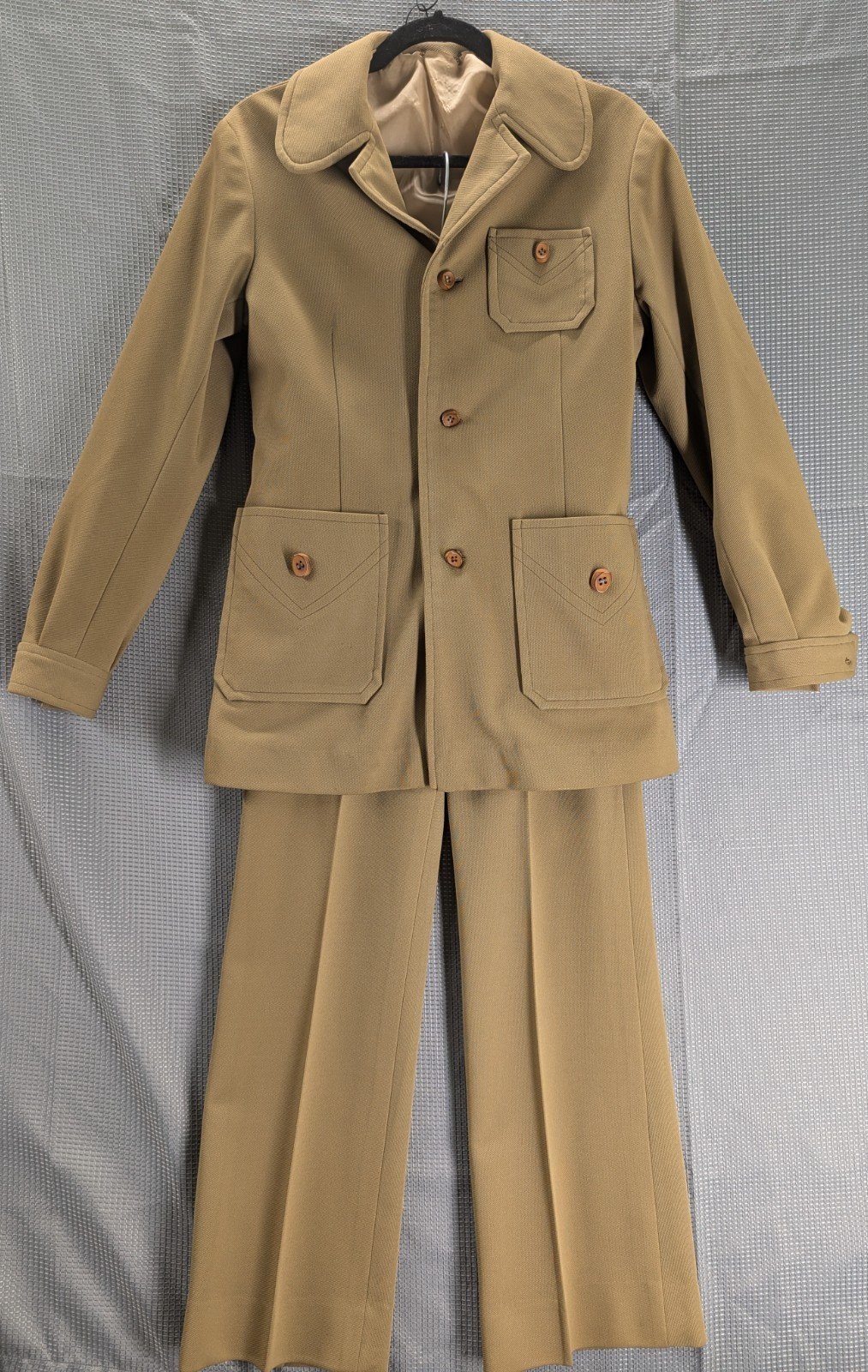 Vintage 60s Pant Suit Women’s Small Tan Polyester Safari Jacket Wide Leg St8