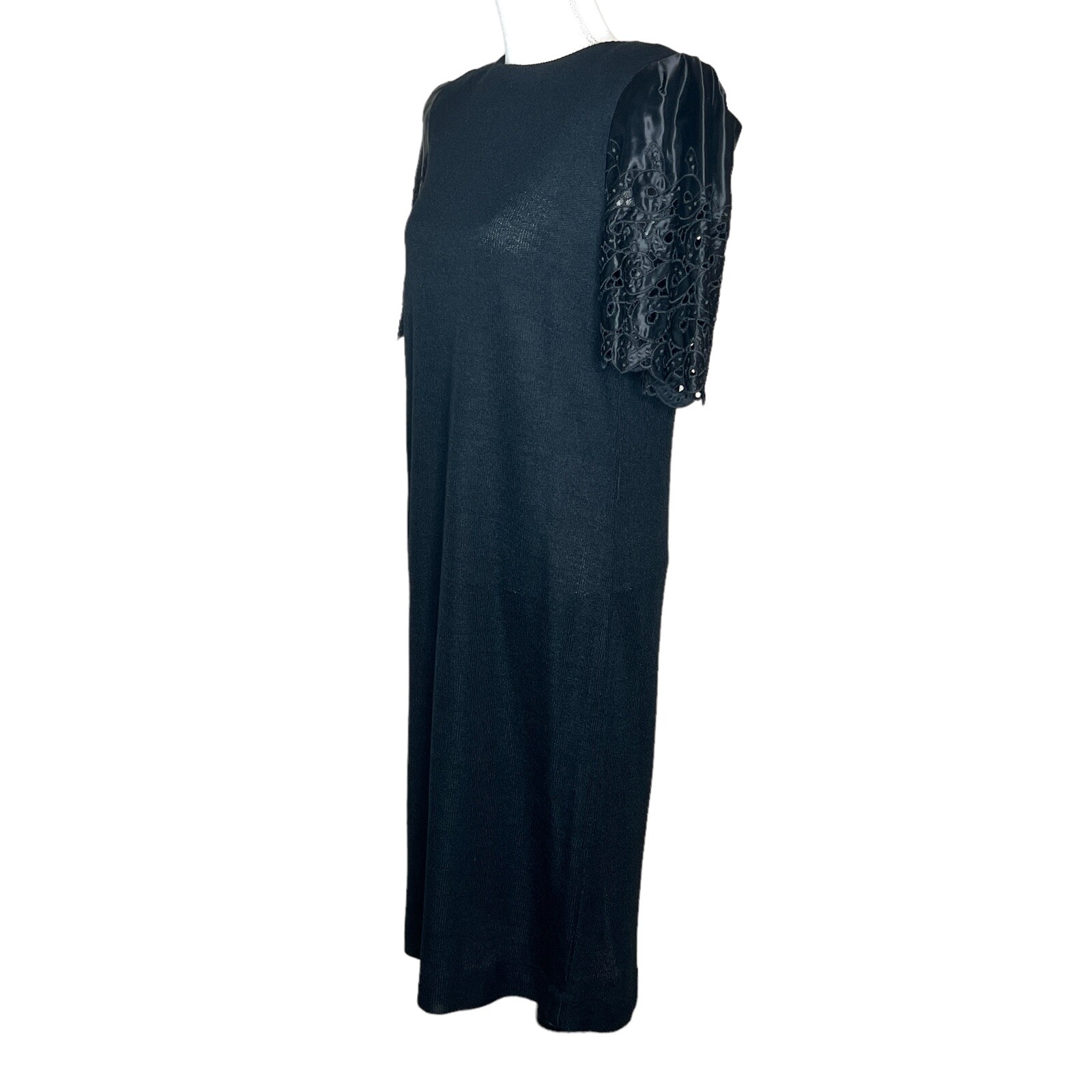 Vintage Leslie Fay Black Knit Sheath Dress Puff Sleeves Union Made Size 12/14?