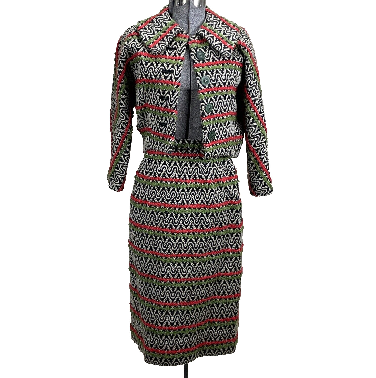 Vintage 60s Handmade Boucle Suit XXS Cropped Jacket Skirt Green Red Black