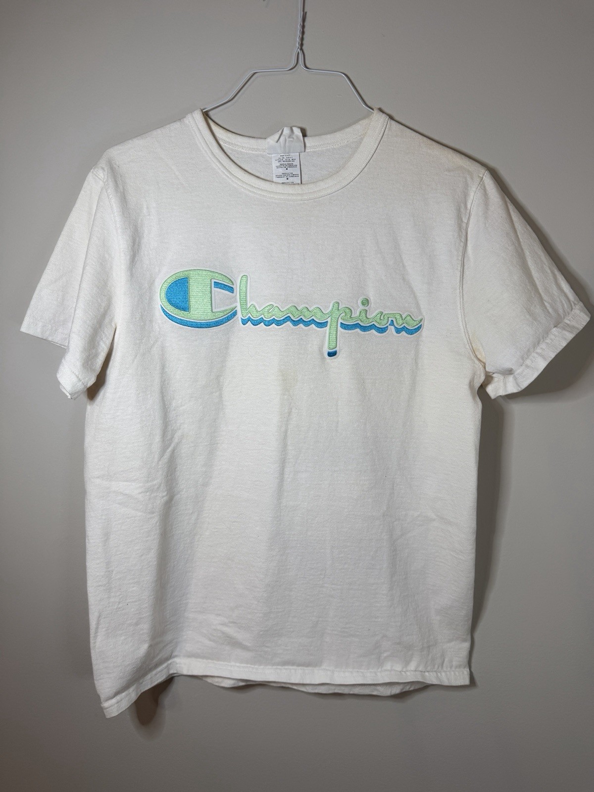 Vintage CHAMPION 80’s 90’s Pastel Embroidered Logo White T Shirt Adult Med