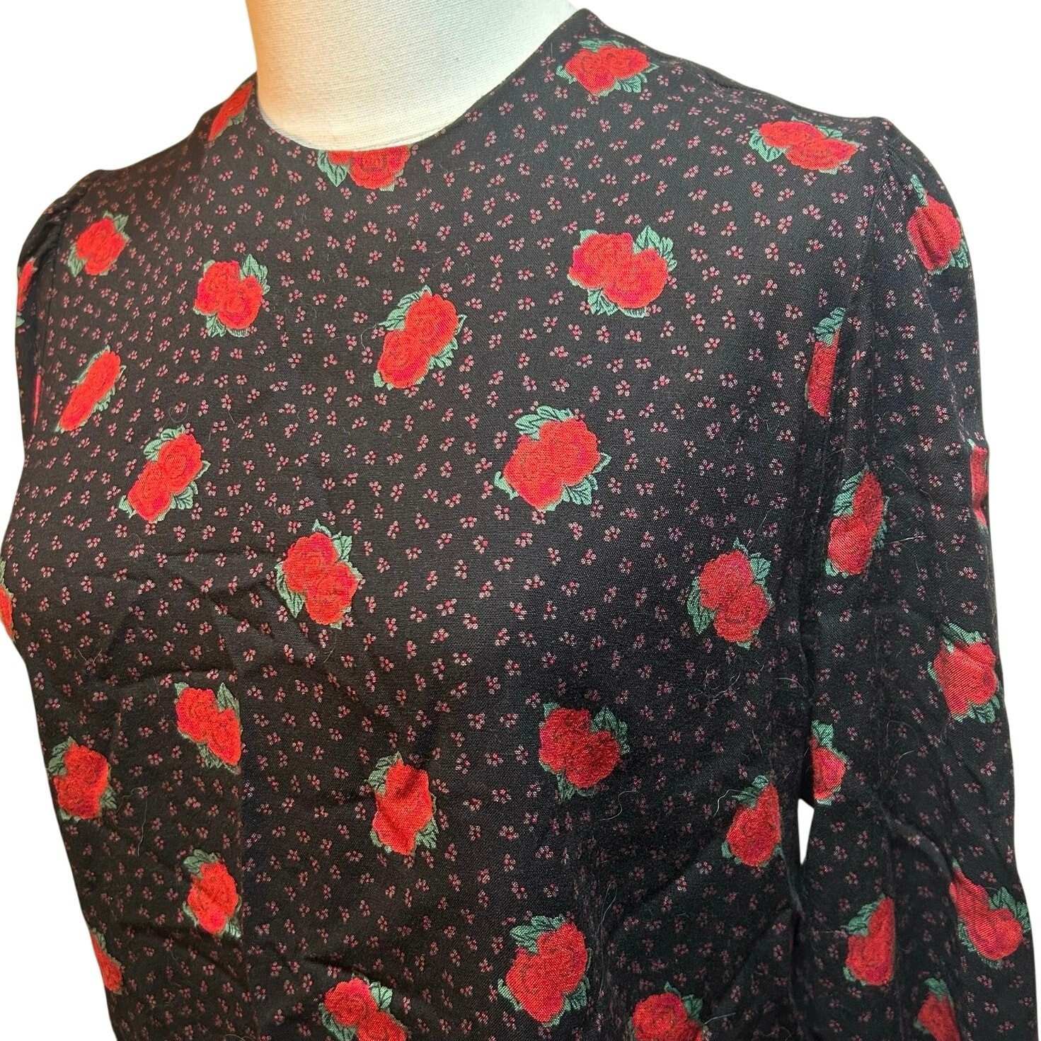 VTG Ms Interpret Black Red Rose Polka Dot Rayon Blouse 12 Whimsygoth Grunge Goth
