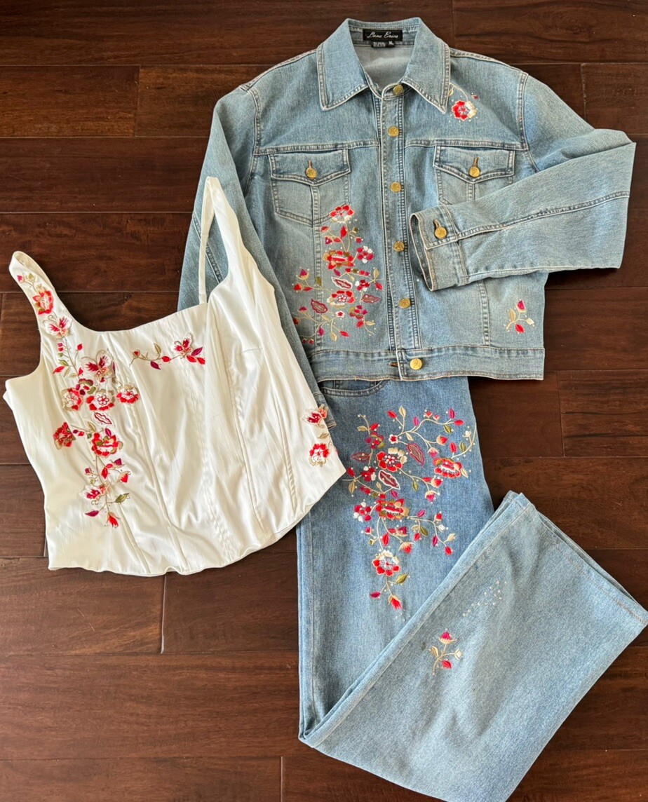 Vintage Lana Erica 3pc set Floral Embroidered jean jacket jeans corset top XL/12