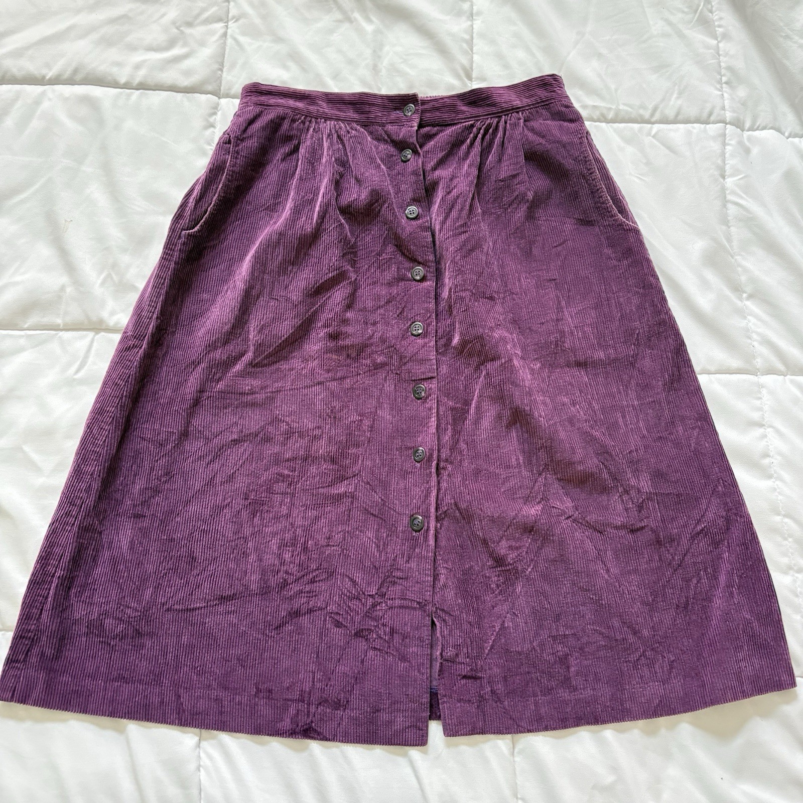 Vintage 80s Purple Corduroy Button Front Midi Skirt Womens 18 100% Cotton Retro