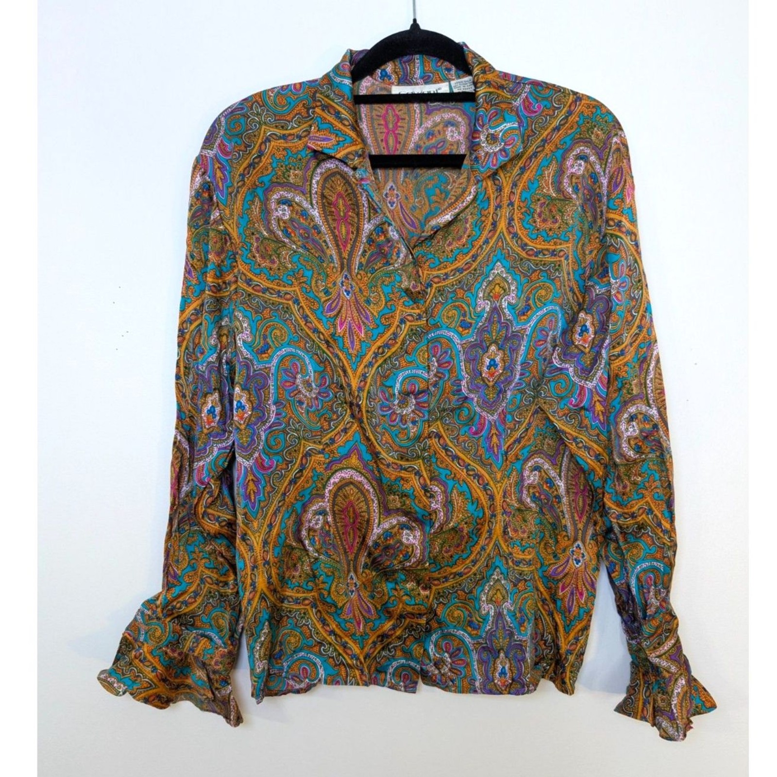 Vintage 90s Silk Paisley Blouse Size 8 Jewel Tone Boho Luxe Button Front Top