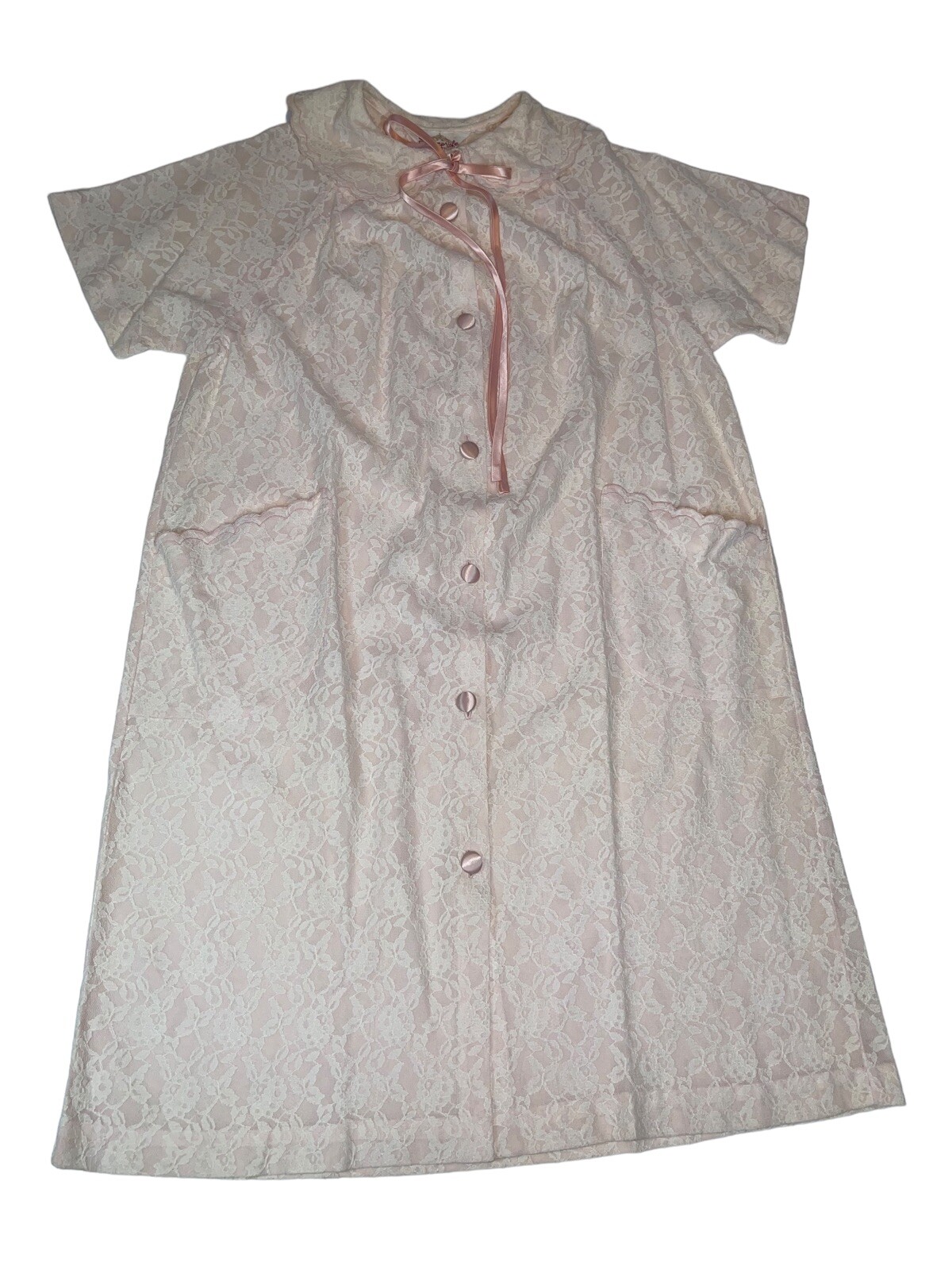 Vintage Seamprufe Housecoat M Robe Pink Lace satin Ribbon Button Front Pockets