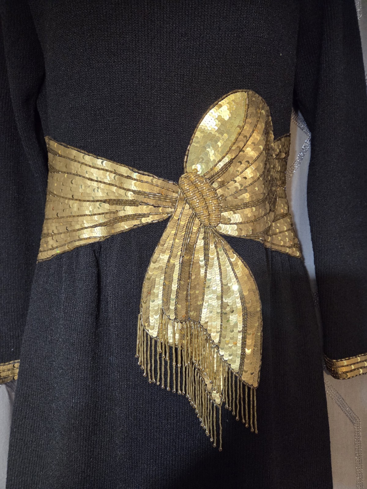 Vintage 80s Don Sayres for Wellmore Black Knit Gold Sequins Beads Sweater Dress