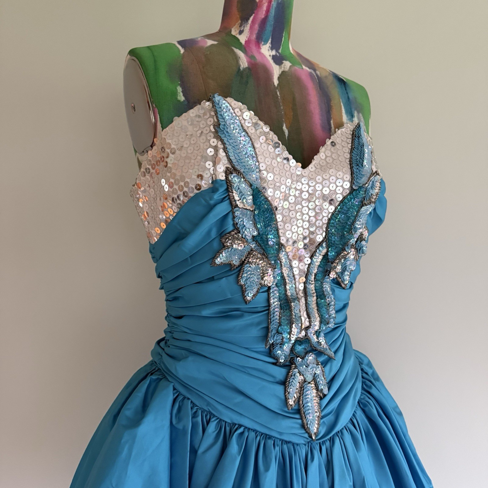Vintage Alyce Designs 1980s Blue Taffeta Sequin Peplum Prom Dress