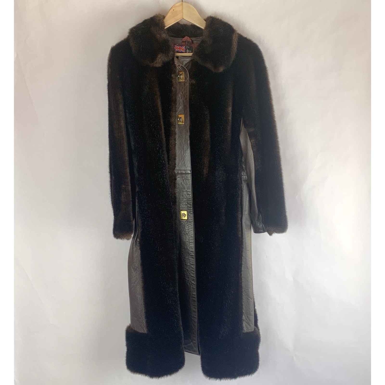 Vtg Faux Fur Over Coat Womens Medium Brown Long Mob Wife Made In England Costume