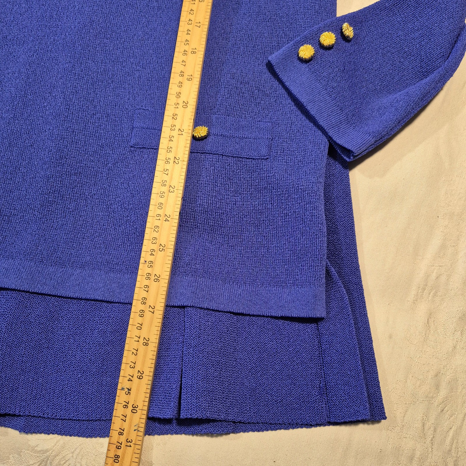 Vtg Castleberry Knit Skirt Suit Set Womens 14 Royal Blue Gold Button 80s MINT