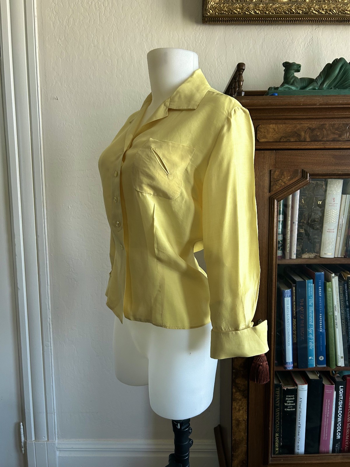 Vintage 40s 1950s Shirt Chartreuse Yellow Silk Western Button Up Shirt S/M