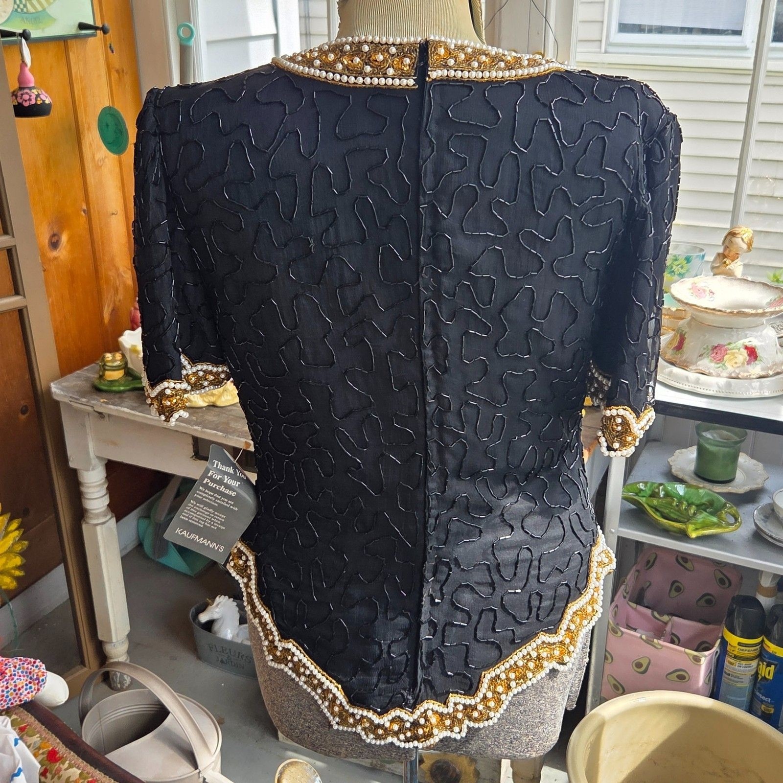 NWT Vintage 80s Laurence Kazar Vintage Top, Beaded With Pearls Silk Size Medium