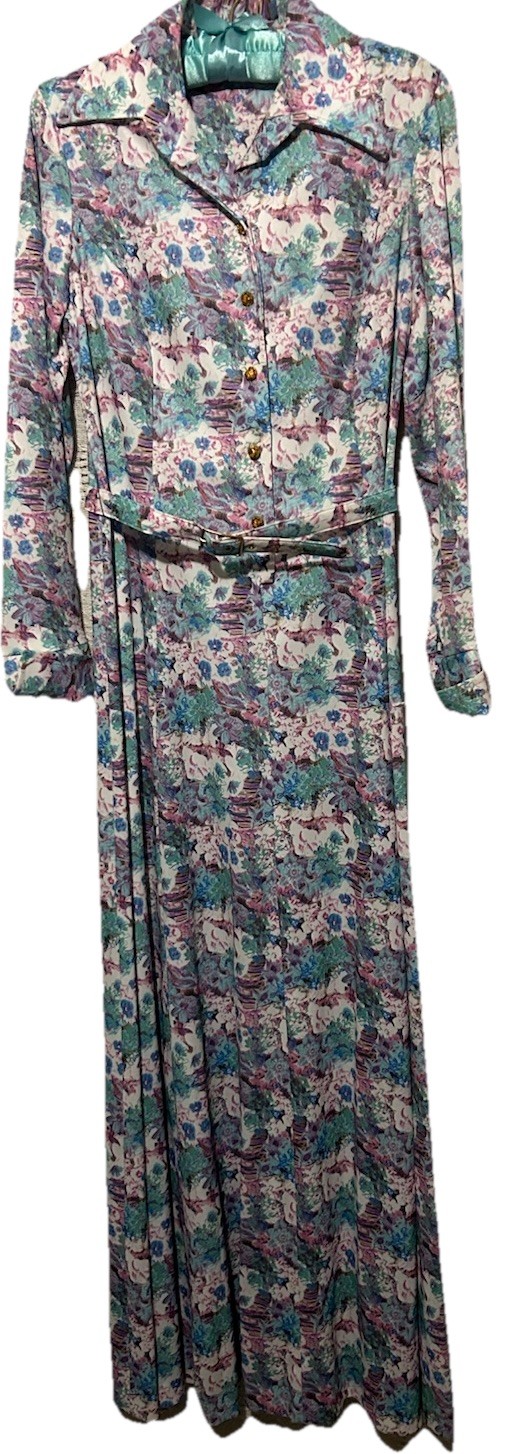 Vintage 60s Dress 10 Stretch Knit Belted Floral Print Boho Garden Party Maxi S/M