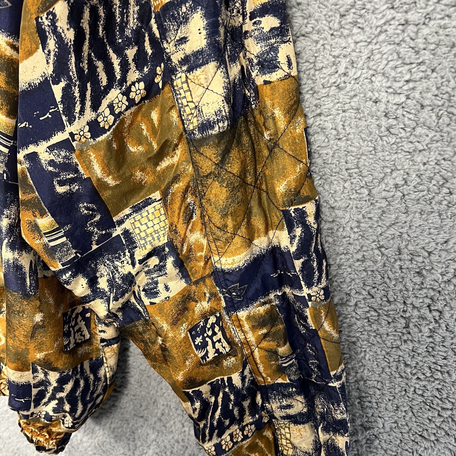 VTG 80s Nouveau Monde Jacket Size XL 100% Silk Bomber Pocket Zip Abstract Print