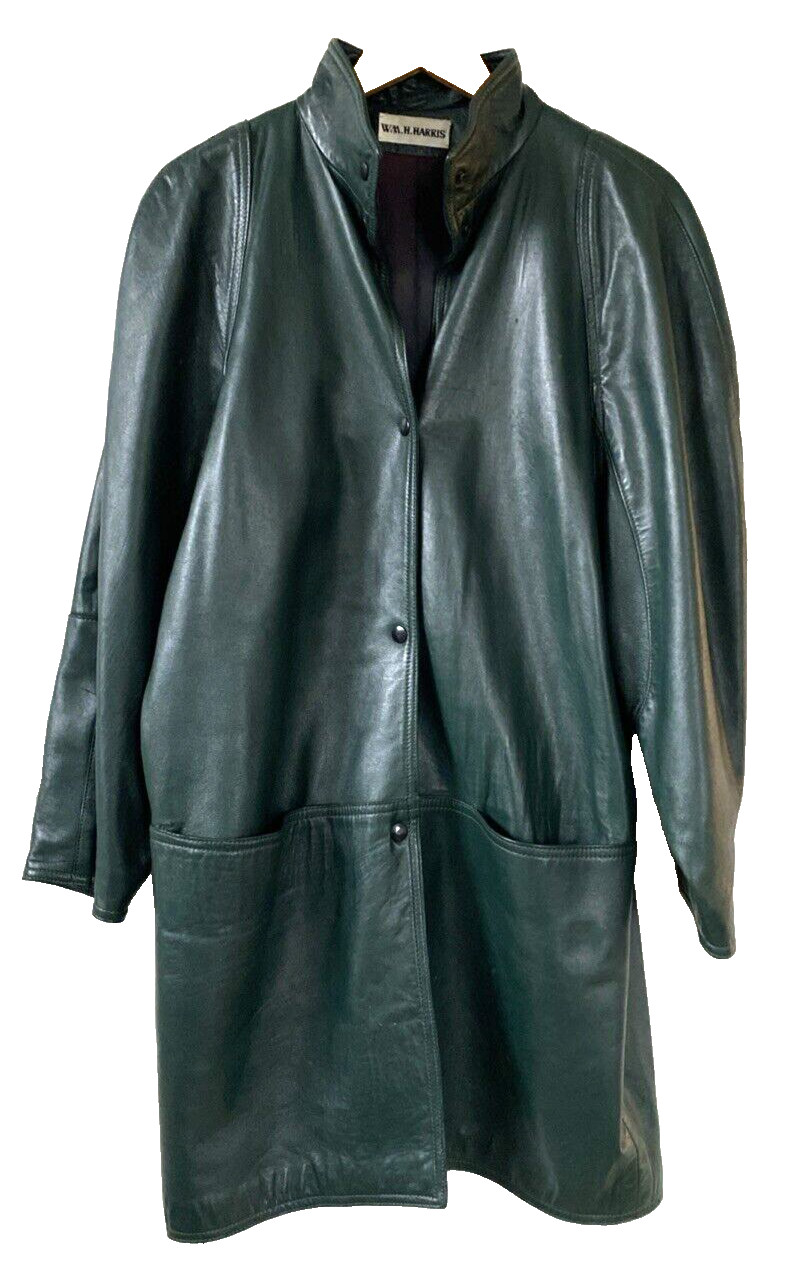 Vtg 80s 90s WM. H. HARRIS Green Leather Snap Jacket Mod Coat Sz S Made USA