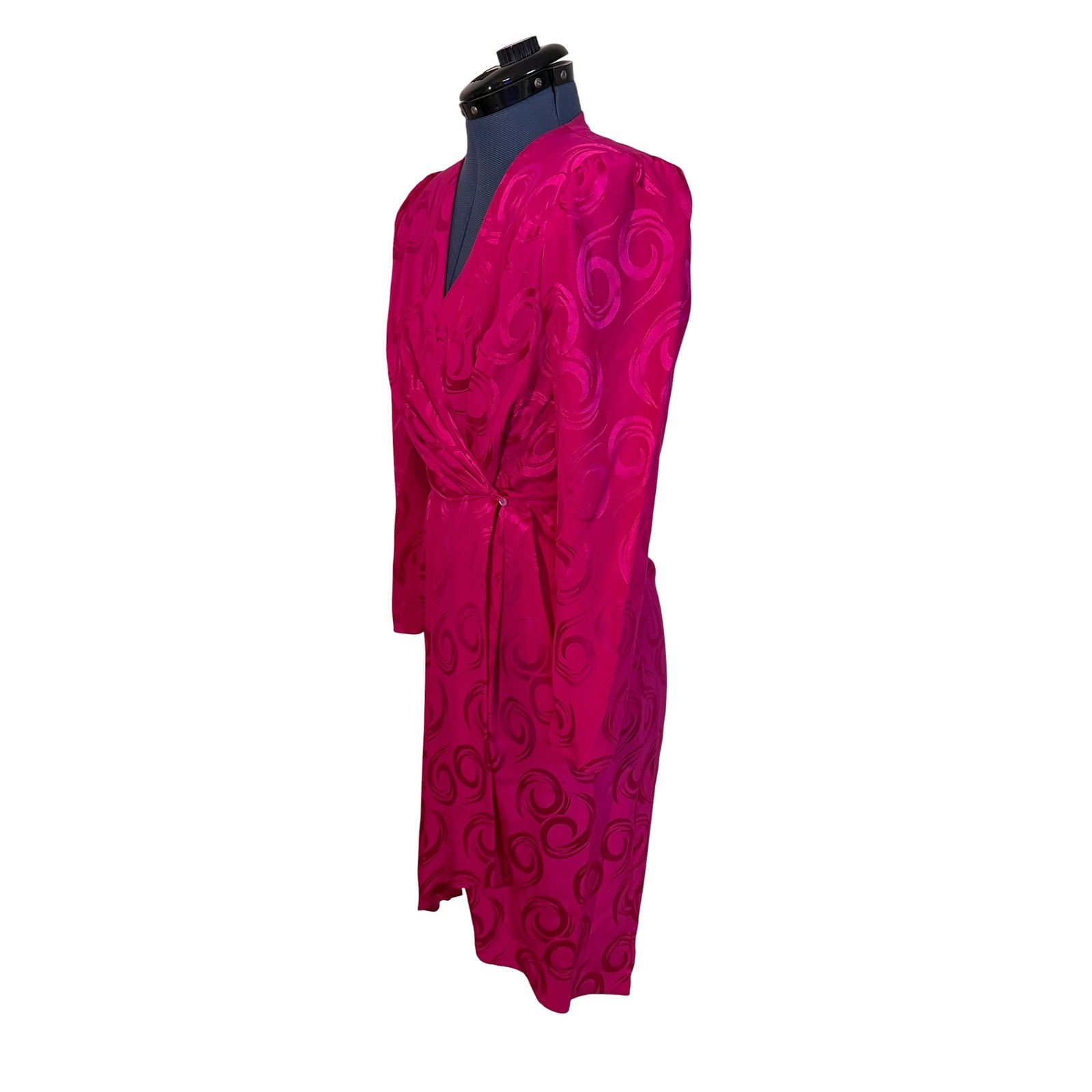 Vtg Argenti Pink Silk Jacquard Wrap Dress Midi 80s Luxury Glam Mob Wife 4 NEW