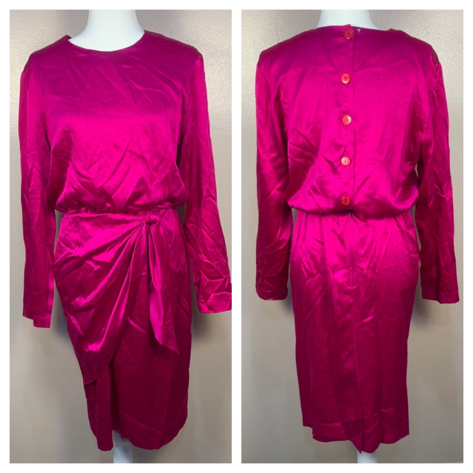 VTG 80s 90s Ms Chaus 100% Silk Long Sleeve Wrap Tie Midi Dress Cerise Pink S